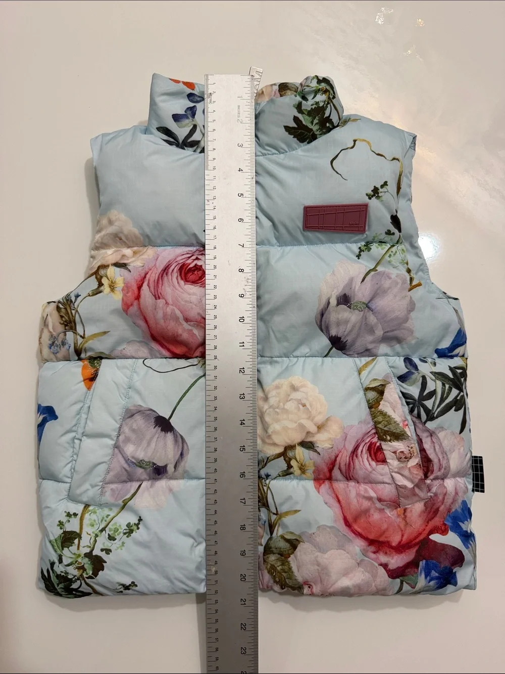Molo Kids Helke Floral Puffer Vest Blue Size 128 Lightweight Recycled Fill GUC